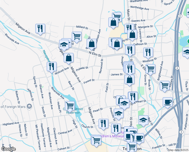 map of restaurants, bars, coffee shops, grocery stores, and more near 26 Forest Court in Torrington