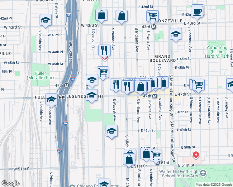 map of restaurants, bars, coffee shops, grocery stores, and more near 58 East 47th Street in Chicago