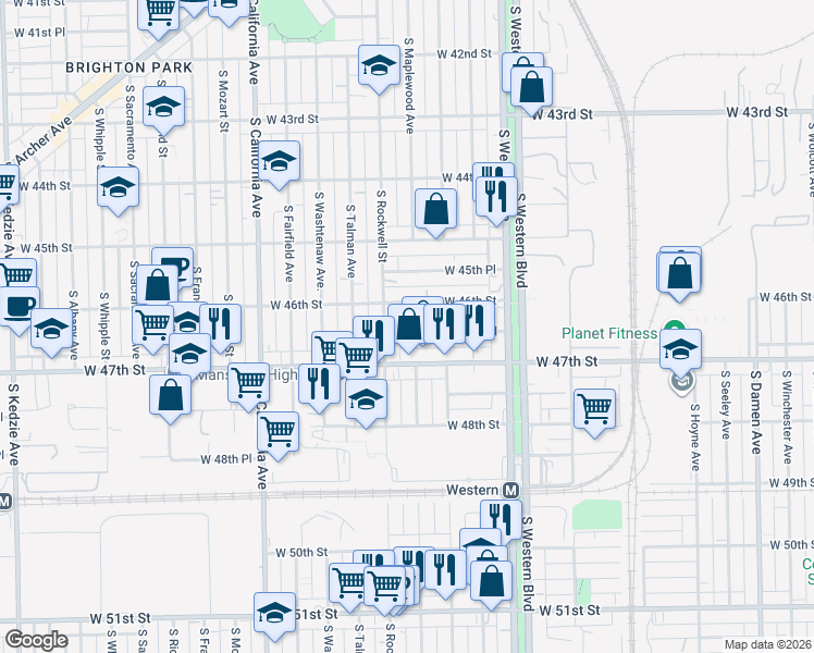 map of restaurants, bars, coffee shops, grocery stores, and more near 2536 West 46th Place in Chicago