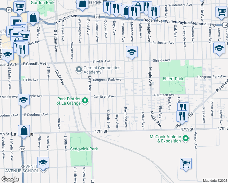 map of restaurants, bars, coffee shops, grocery stores, and more near 4430 Deyo Avenue in Brookfield