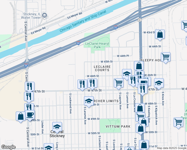 map of restaurants, bars, coffee shops, grocery stores, and more near 4559 South Leamington Avenue in Chicago