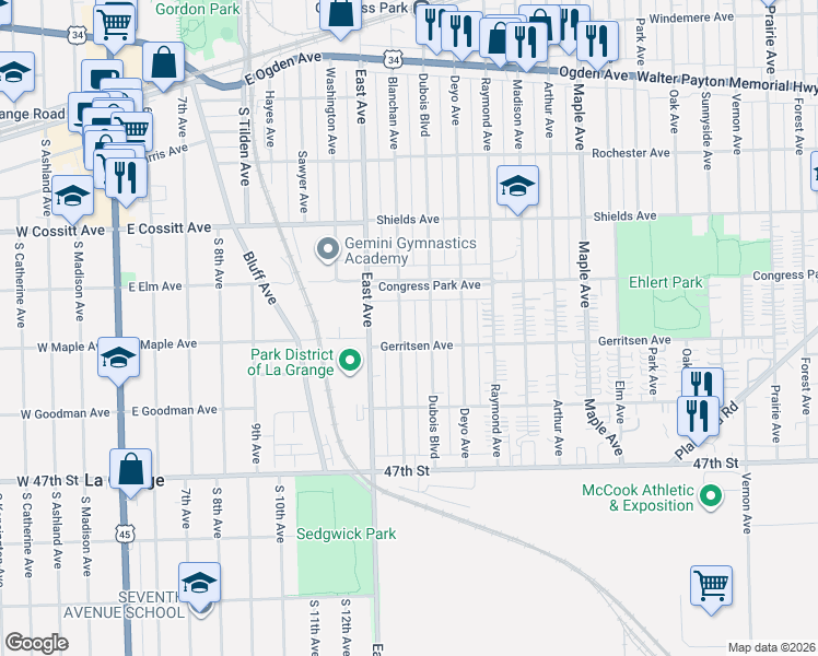 map of restaurants, bars, coffee shops, grocery stores, and more near 4433 Blanchan Ave in Brookfield