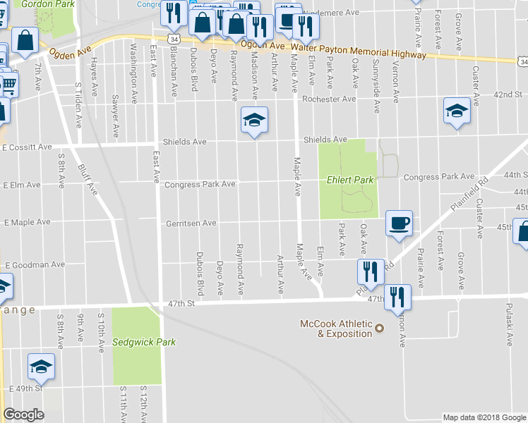 map of restaurants, bars, coffee shops, grocery stores, and more near 4437 Madison Avenue in Brookfield