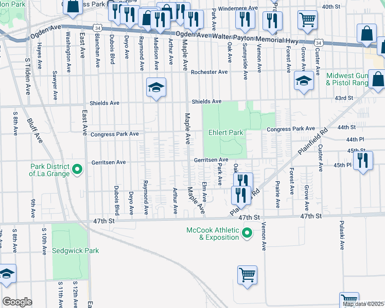 map of restaurants, bars, coffee shops, grocery stores, and more near 4441 Maple Avenue in Brookfield