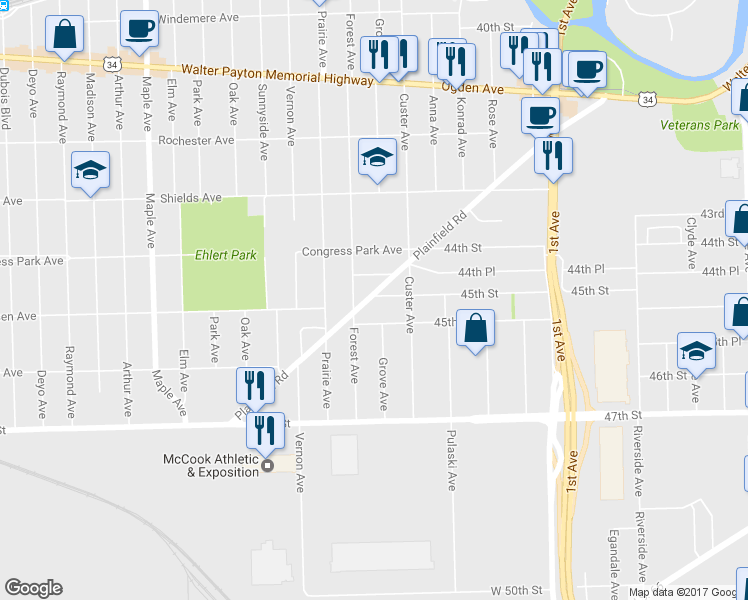 map of restaurants, bars, coffee shops, grocery stores, and more near 8837 Plainfield Road in Brookfield