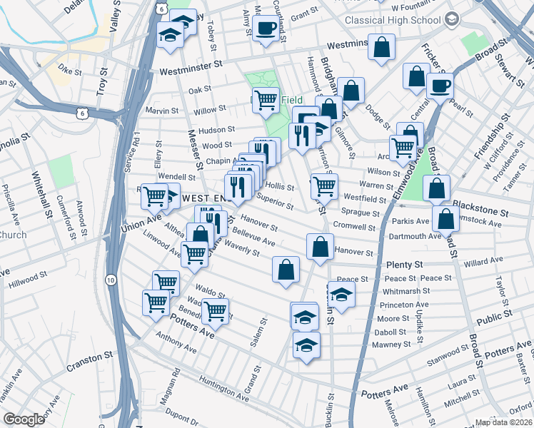 map of restaurants, bars, coffee shops, grocery stores, and more near 100 Ford Street in Providence