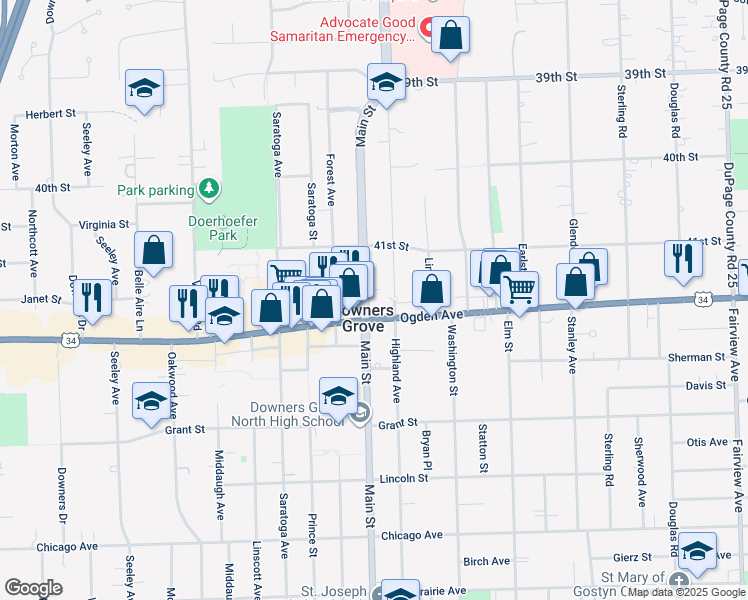 map of restaurants, bars, coffee shops, grocery stores, and more near 4242 Main Street in Downers Grove