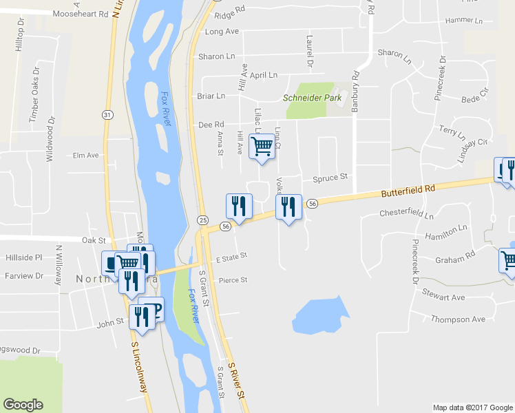 map of restaurants, bars, coffee shops, grocery stores, and more near 104 Woodland Circle in North Aurora