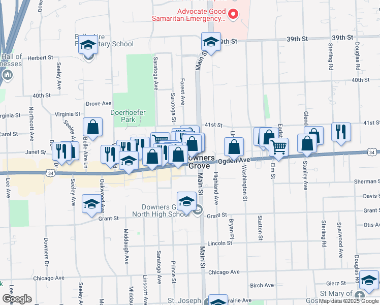map of restaurants, bars, coffee shops, grocery stores, and more near 1048 Ogden Avenue in Downers Grove