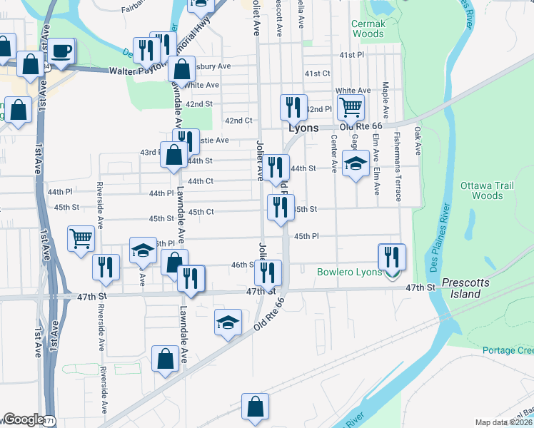 map of restaurants, bars, coffee shops, grocery stores, and more near 4501 Joliet Ave in Lyons