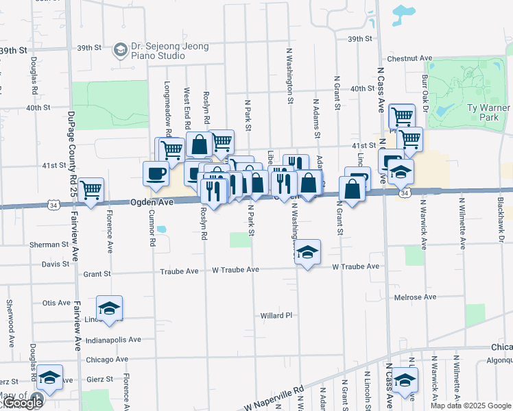 map of restaurants, bars, coffee shops, grocery stores, and more near 233 West Ogden Avenue in Westmont