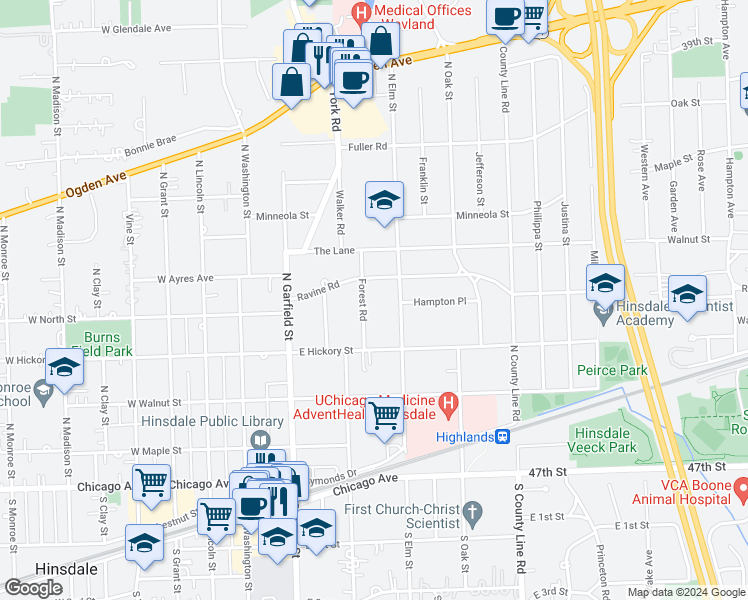 map of restaurants, bars, coffee shops, grocery stores, and more near 345 Forest Road in Hinsdale