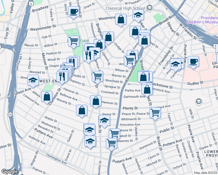 map of restaurants, bars, coffee shops, grocery stores, and more near 68 Sprague Street in Providence