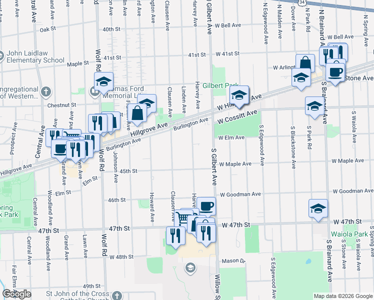 map of restaurants, bars, coffee shops, grocery stores, and more near 4440 Harvey Avenue in Western Springs