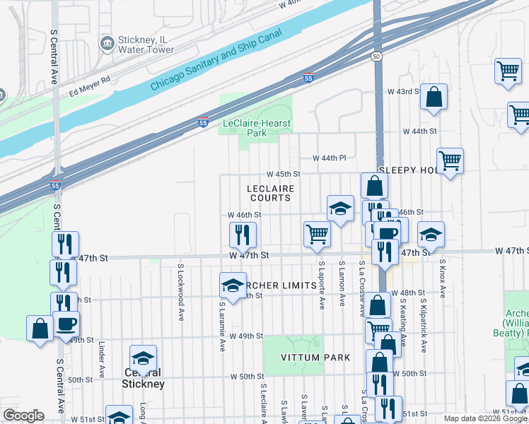 map of restaurants, bars, coffee shops, grocery stores, and more near 4559 South Leclaire Avenue in Chicago
