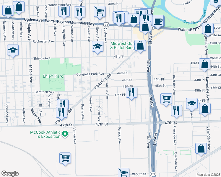 map of restaurants, bars, coffee shops, grocery stores, and more near 8741 45th Street in Lyons