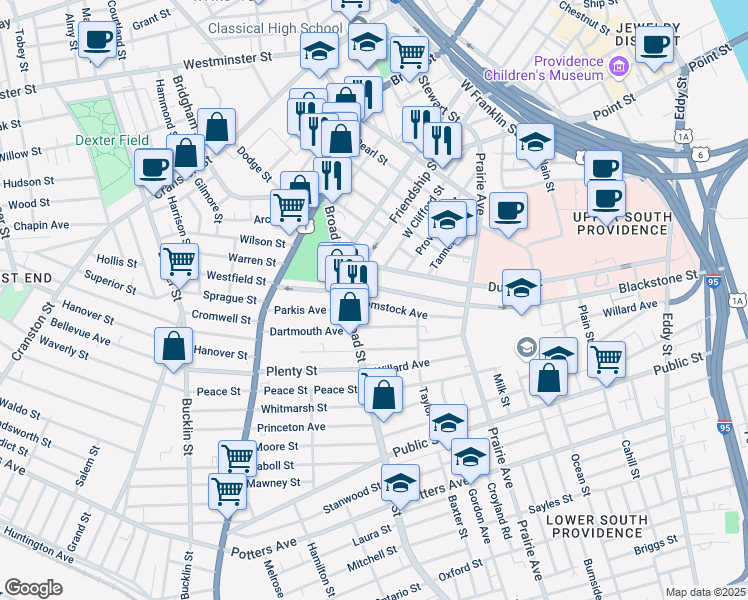 map of restaurants, bars, coffee shops, grocery stores, and more near 101 Comstock Avenue in Providence