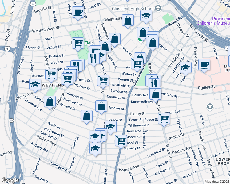 map of restaurants, bars, coffee shops, grocery stores, and more near 68 Sprague Street in Providence