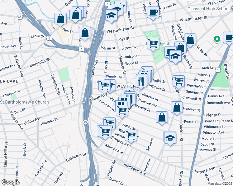 map of restaurants, bars, coffee shops, grocery stores, and more near 27 Sorrento Street in Providence
