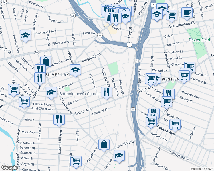map of restaurants, bars, coffee shops, grocery stores, and more near 56 Progress Avenue in Providence
