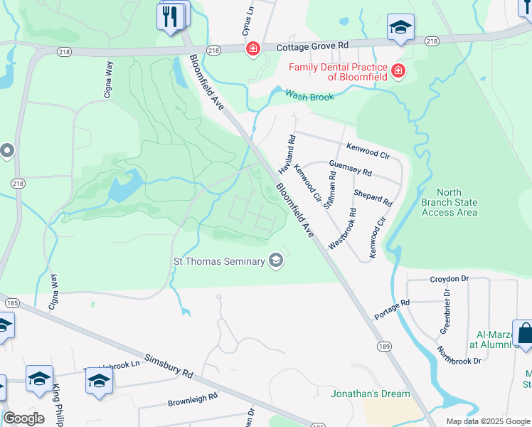 map of restaurants, bars, coffee shops, grocery stores, and more near 10 Francis Way in Bloomfield