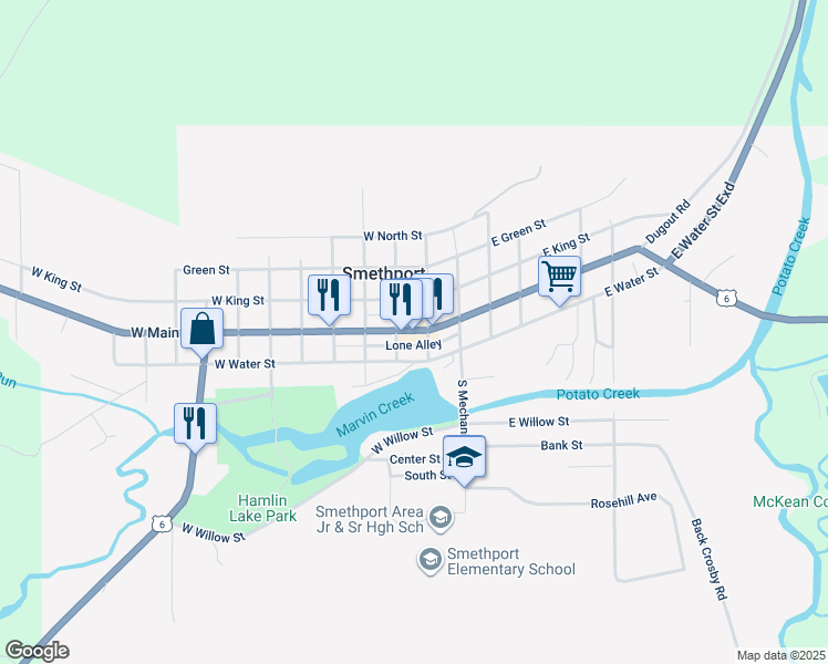 map of restaurants, bars, coffee shops, grocery stores, and more near 201-299 West Main Street in Smethport
