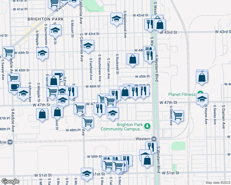 map of restaurants, bars, coffee shops, grocery stores, and more near 4626 South Rockwell Street in Chicago