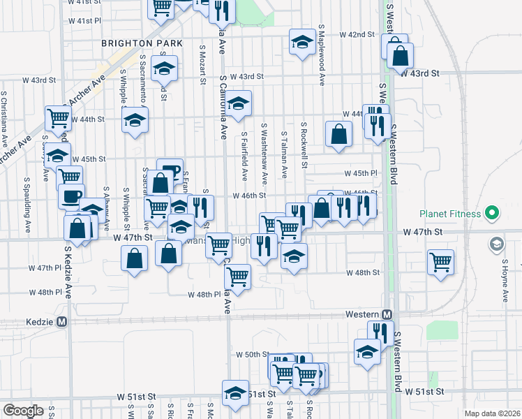 map of restaurants, bars, coffee shops, grocery stores, and more near 4619 South Washtenaw Avenue in Chicago