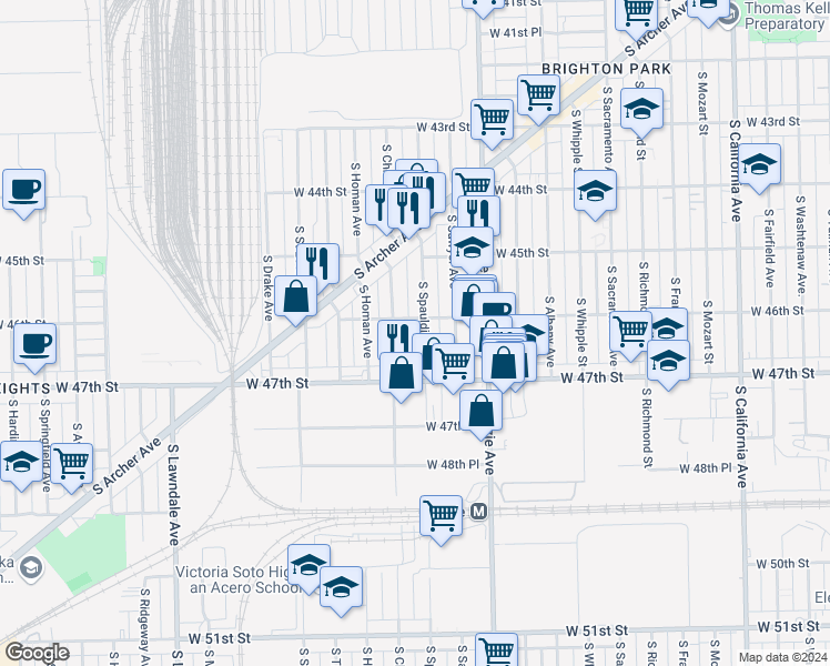 map of restaurants, bars, coffee shops, grocery stores, and more near 4608 South Spaulding Avenue in Chicago