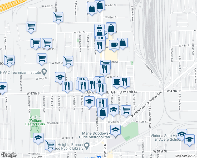 map of restaurants, bars, coffee shops, grocery stores, and more near 4601 South Komensky Avenue in Chicago