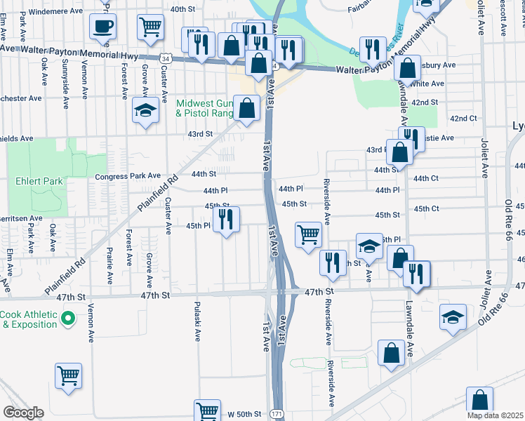 map of restaurants, bars, coffee shops, grocery stores, and more near 4444 1st Avenue in Lyons