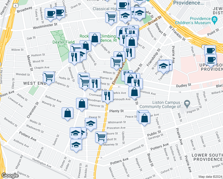 map of restaurants, bars, coffee shops, grocery stores, and more near 124 Elmwood Avenue in Providence