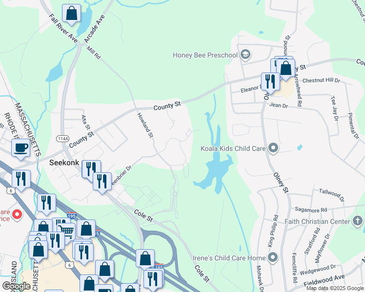map of restaurants, bars, coffee shops, grocery stores, and more near 341 Forsythe Circle in Seekonk