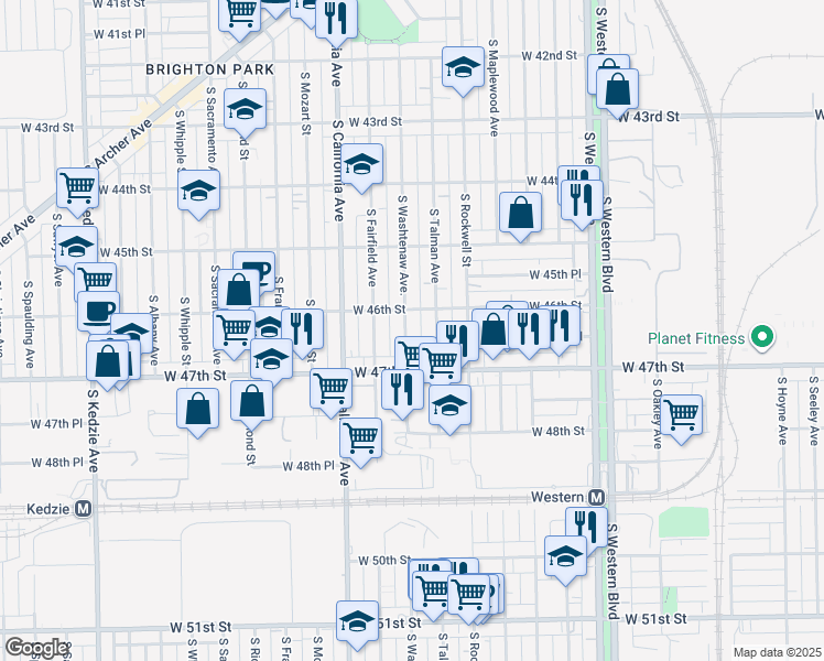 map of restaurants, bars, coffee shops, grocery stores, and more near 4619 South Washtenaw Avenue in Chicago