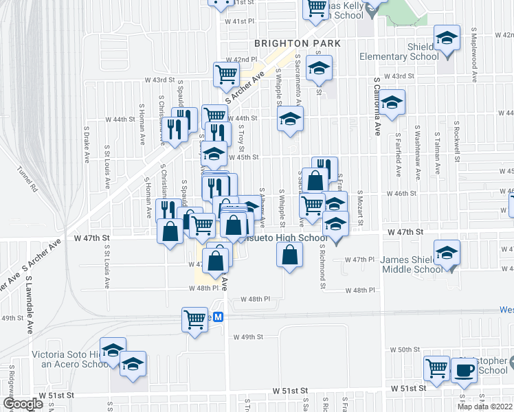 map of restaurants, bars, coffee shops, grocery stores, and more near 4612 South Albany Avenue in Chicago