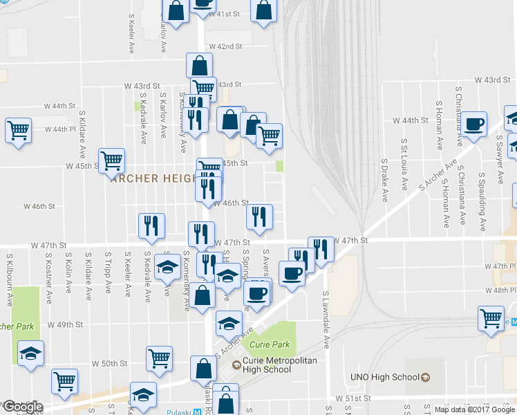 map of restaurants, bars, coffee shops, grocery stores, and more near 4604 South Avers Avenue in Chicago