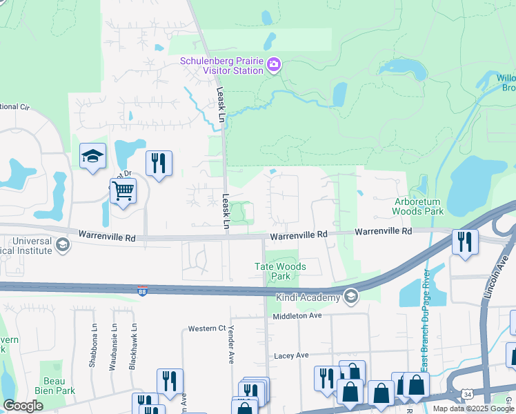 map of restaurants, bars, coffee shops, grocery stores, and more near 4247 Fiona Lane in Lisle