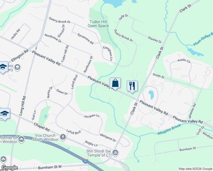 map of restaurants, bars, coffee shops, grocery stores, and more near 972 Pleasant Valley Road in South Windsor