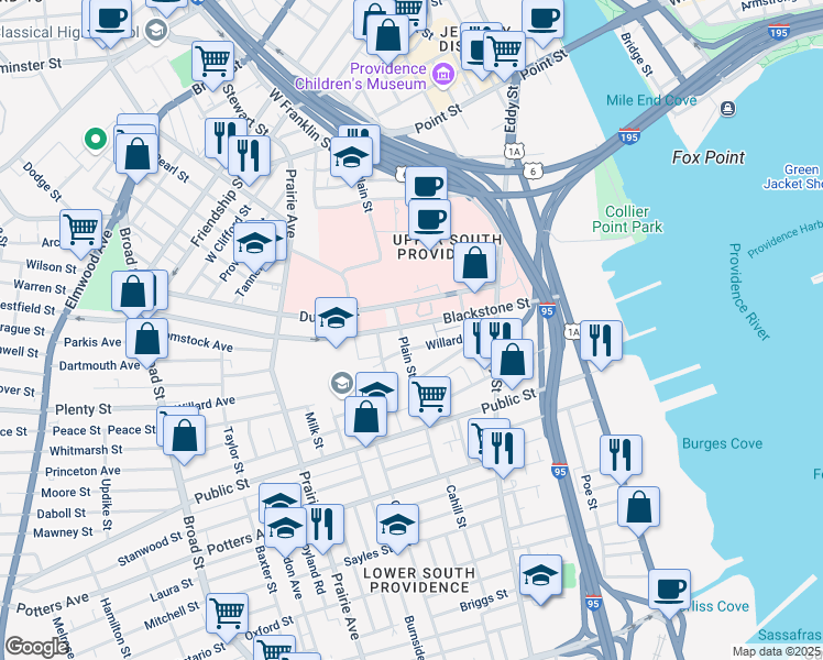 map of restaurants, bars, coffee shops, grocery stores, and more near 156 Blackstone Street in Providence
