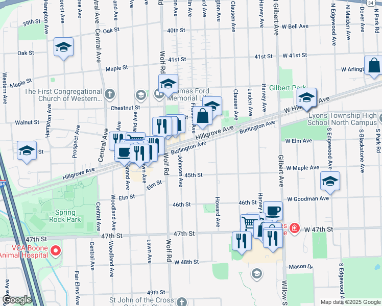 map of restaurants, bars, coffee shops, grocery stores, and more near 4436 Franklin Avenue in Western Springs