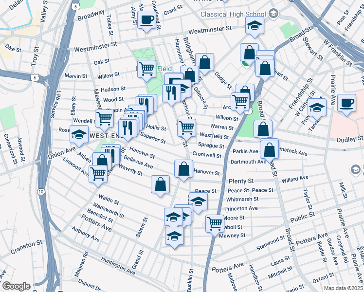 map of restaurants, bars, coffee shops, grocery stores, and more near 249 Sprague Street in Providence