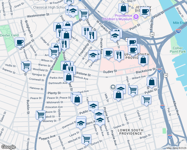 map of restaurants, bars, coffee shops, grocery stores, and more near 307 Blackstone St in Providence