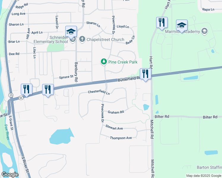 map of restaurants, bars, coffee shops, grocery stores, and more near 609 Chesterfield Lane in North Aurora
