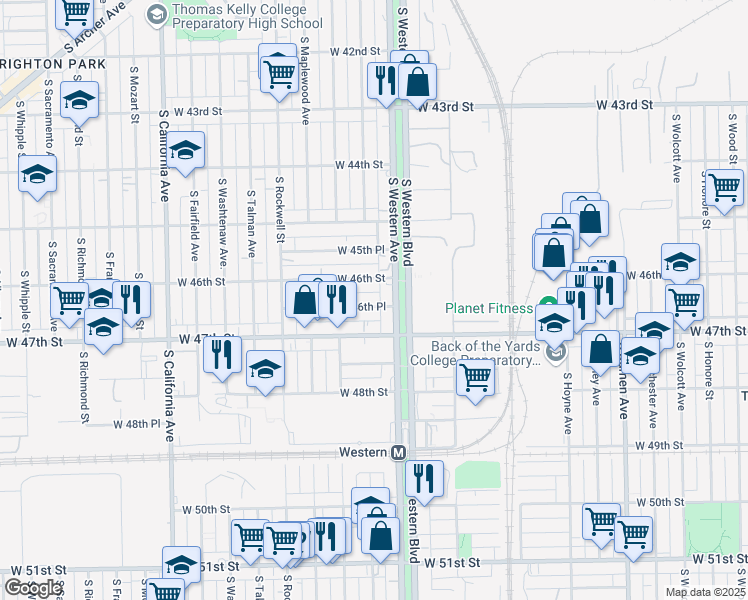 map of restaurants, bars, coffee shops, grocery stores, and more near 2420 West 46th Place in Chicago