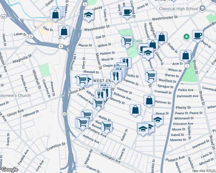 map of restaurants, bars, coffee shops, grocery stores, and more near 14 Kenwood Street in Providence