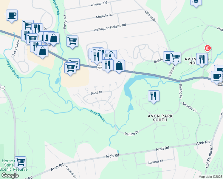 map of restaurants, bars, coffee shops, grocery stores, and more near 1 Clover Court in Avon