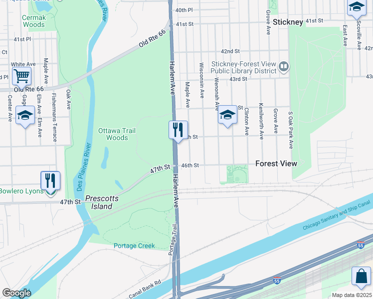 map of restaurants, bars, coffee shops, grocery stores, and more near 4520 Maple Avenue in Berwyn