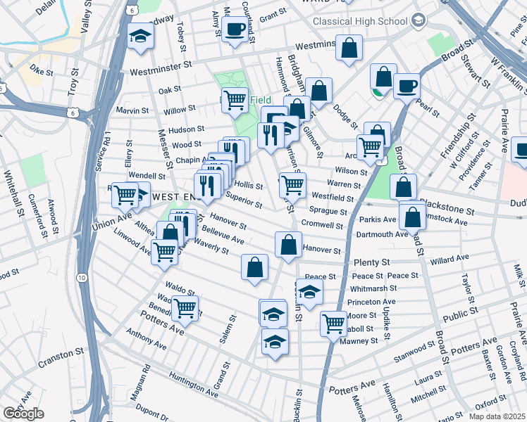 map of restaurants, bars, coffee shops, grocery stores, and more near 44 Superior Street in Providence