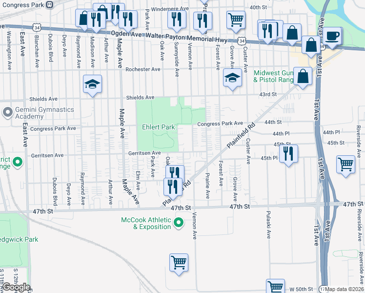 map of restaurants, bars, coffee shops, grocery stores, and more near 4437 Sunnyside Avenue in Brookfield