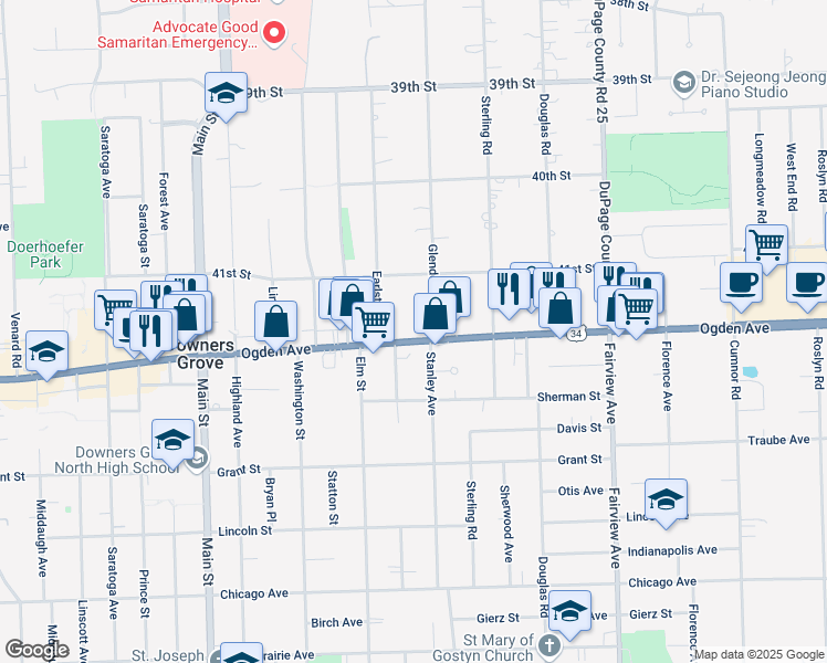 map of restaurants, bars, coffee shops, grocery stores, and more near 724 Ogden Avenue in Downers Grove